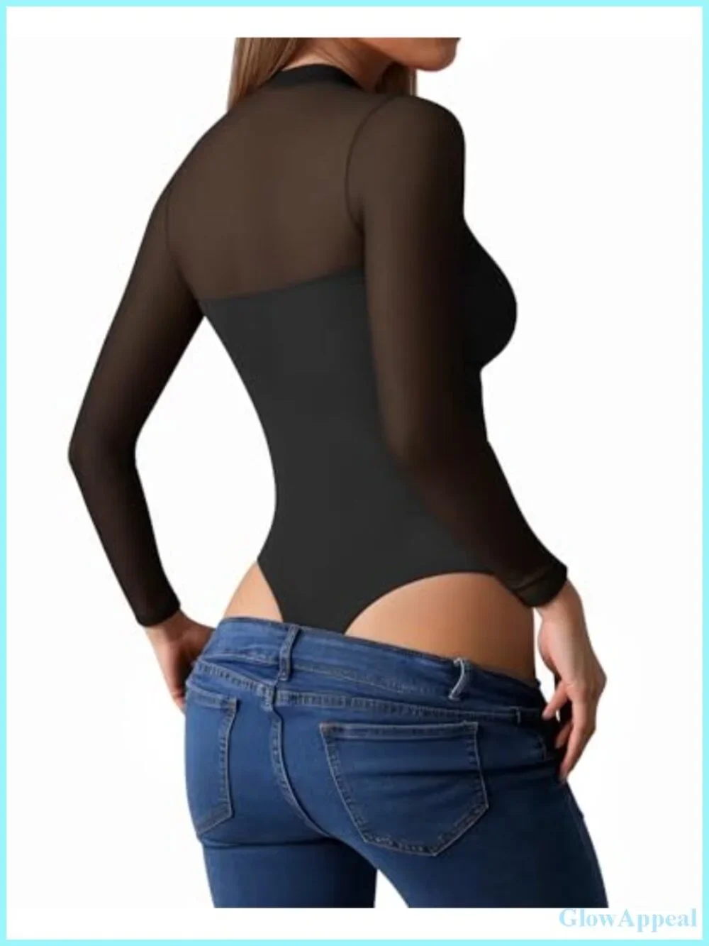 Mock Turtle Neck Sheer Mesh Bodysuit Long Sleeve Thong